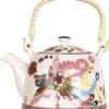 Clayre & Eef Theepot Met Filter 800 Ml Beige Roze Porselein Rond Theekan Cadeau Voor Haar Chinese Theepot