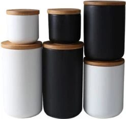 Voorraadpotten Keramiek - Suikerpot 3 Stuks - Deksel Bamboe - Luchtdict Voorraadbussen Potten - Wit -Tafelwaren Verkoop 1200x1133 3