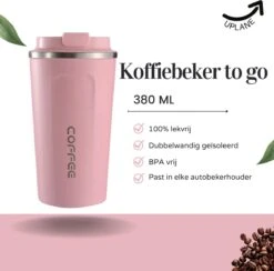 Thermosbeker - Koffiebeker To Go - Travel Mug - Dubbelwandig, RVS & Lekvrij - Thermosbeker Koffie - 380 ML – Roze -Tafelwaren Verkoop 1200x1184