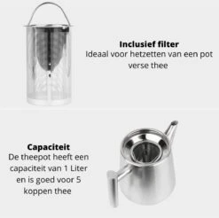 Castagnola Theepot Met Filter – Theekan – Theepot Dubbelwandig – Theepot Roestvrijstaal – Hoogwaardig RVS – 1 Liter – 5 Kopjes Thee – Zilver -Tafelwaren Verkoop 1200x1195 13