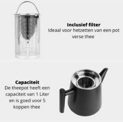 Castagnola Theepot Met Filter – Theekan – Theepot Dubbelwandig – Theepot Roestvrijstaal – Hoogwaardig RVS – 1 Liter – 5 Kopjes Thee – Zwart -Tafelwaren Verkoop 1200x1195 17