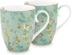 Pip Studio. Set Van 2 Grote Mokken Jolie Flowers Blue 350ml
