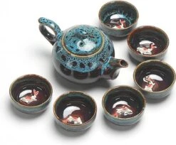 Merkloos Chinese Kung Fu Theeset Keramiek - Theepot Met 6 Kopjes - Koi Karper Design - Blauw