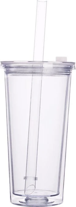 Merkloos Beker Met Rietje Deksel En Schoonmaakborstel - 550 Ml - Transparant - Herbruikbare Plastic Drinkbeker - Dubbelwandig - Koffiebeker To Go Beker