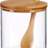 Suikerkom / Suikerpotje Glas Met Bamboe Houten Lepel En Deksel 520 ML